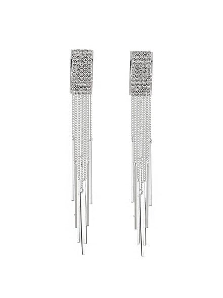 Yellow Chimes Latest Fashion White Crystal Fancy Long Chain Silver Plated Dangler Earrings for Women & Girls