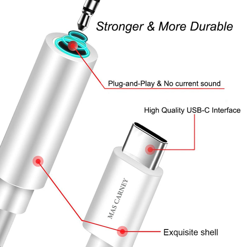 MAS CARNEY (2Pack, Black + White) USB Type C to 3.5mm Female Aux Adapter, HiFi Audio Headphones Jack, Compatible with Huawei Google Pixel Mi Moto Z iPad Pro MacBook