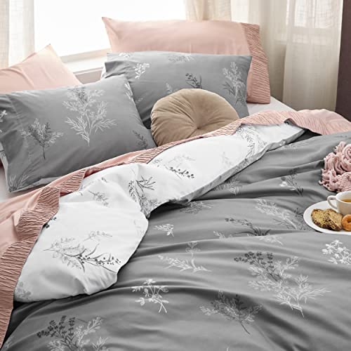 Bedsure Duvet Cover King Size - Reversible Floral Duvet Cover Set with Zipper Closure, Grey Bedding Set, 3 Pieces, 1 Duvet Cover 104"x90" with 8 Corner Ties and 2 Pillowcases 20"x36"