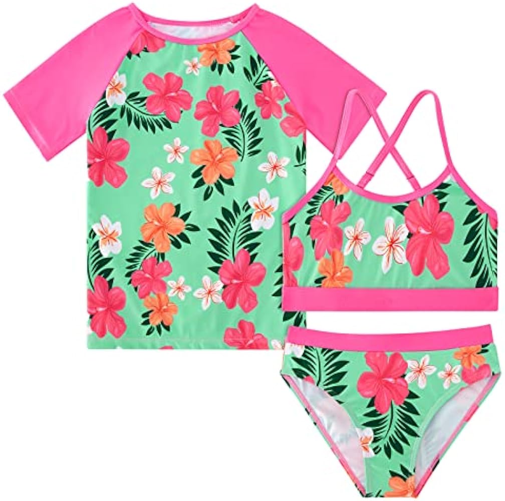 Vogseek Rash Guard Swimwear Girls 3-Piece Short Sleeve Swimsuit Kids Bathing Suit UPF 50+ Quick Dry Bikini Girls 7T-13T