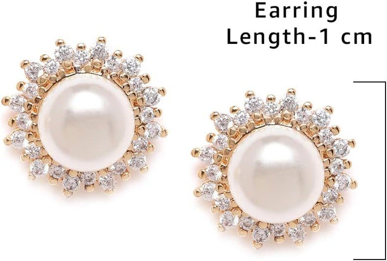 ZAVERI PEARLS Women Sparkling Cubic Zirconia, Pearl Stud Brass Base Metal Earring (ZPFK9458)