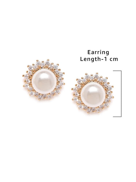 ZAVERI PEARLS Women Sparkling Cubic Zirconia, Pearl Stud Brass Base Metal Earring (ZPFK9458)