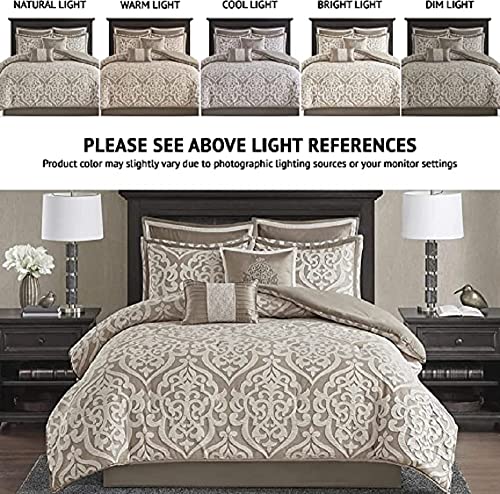 Madison Park Odette Cozy Comforter Set Jacquard Damask Medallion Design - Modern All Season, Down Alternative Bedding, Shams, Decorative Pillow, King(104 in x 92 in), Tan 8 Piece