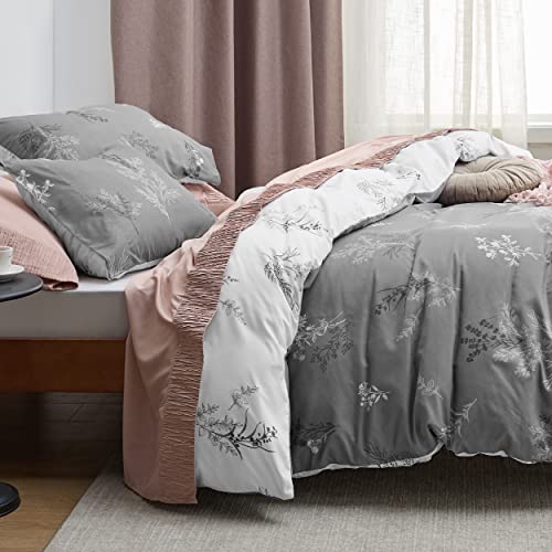 Bedsure Duvet Cover King Size - Reversible Floral Duvet Cover Set with Zipper Closure, Grey Bedding Set, 3 Pieces, 1 Duvet Cover 104"x90" with 8 Corner Ties and 2 Pillowcases 20"x36"