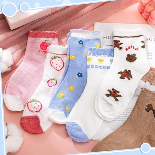 Bencailor 20 Pairs Cartoon Pattern Crew Socks Princess Patterns Ruffle Crew Socks Cotton Cute Socks for Kids Girls