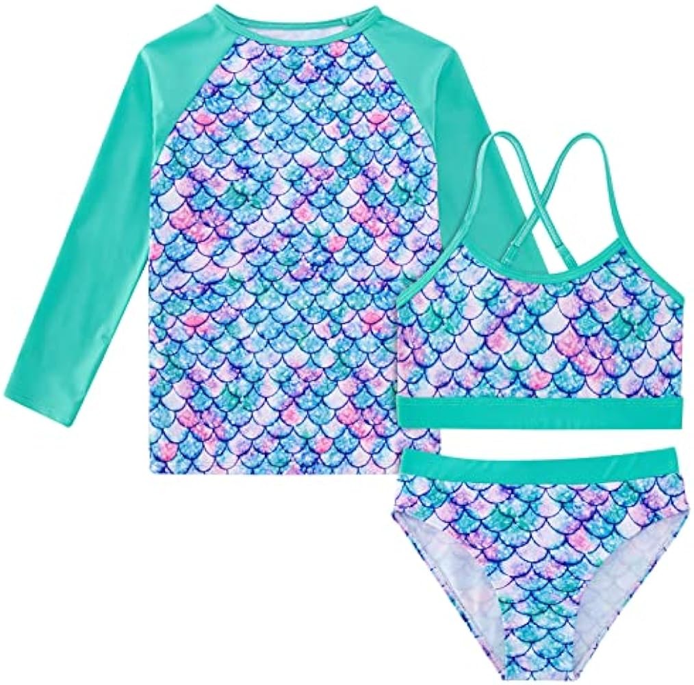 Vogseek Rash Guard Swimwear Girls 3-Piece Short Sleeve Swimsuit Kids Bathing Suit UPF 50+ Quick Dry Bikini Girls 7T-13T