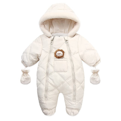 AIKSSOO Newborn Baby Winter Snowsuit Cartoon Bear Warmer Cotton Fleece Hooded Romper Jumpsuit Winter Coat for Baby Girls Boys (0-3 Months)