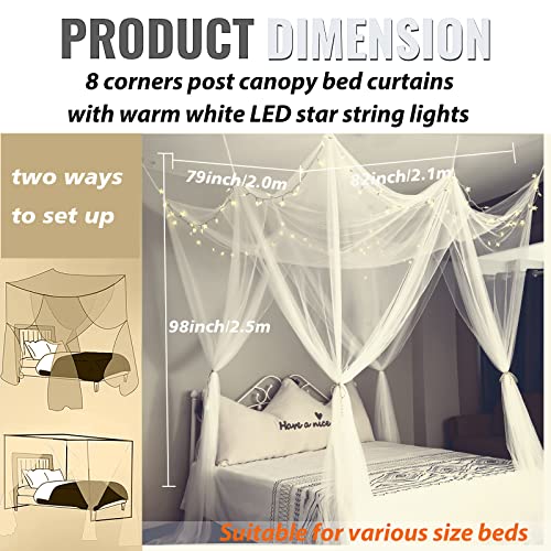 Obrecis White Bed Canopy with Lights for Girls Bedroom Decor, 8 Corner Princess Canopy Bed Curtains with Warm White LED Star String Lights Remote Control Canopy for Bed Twin Full Queen King Size Bed