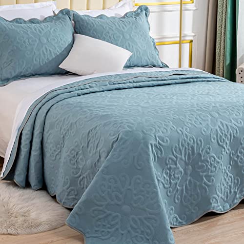 Oversized King Bedspreads 128x120 for Extra Tall King/California King Bed Lightweight Quilted Coverlet Set 3 Pieces 1 Quilt 2 Pillow Shams Spa Blue