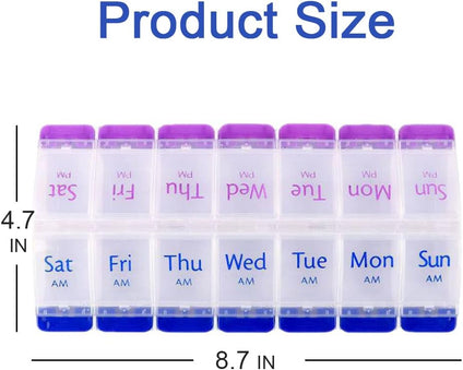 7 Day Pill Box Organiser with Opening Push Button, Pill Boxes 7 Day 2 Times a Day, Weekly Tablet Organiser Boxes 7 Day AM and PM, Medication Organizer Case for Vitamins (Blue-Purple)