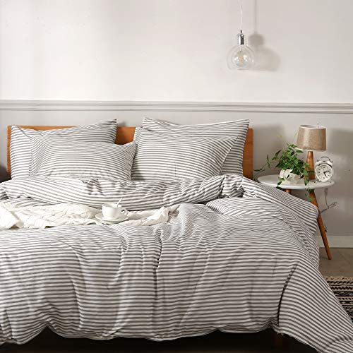 JELLYMONI 100% Natural Cotton 3pcs Striped Duvet Cover Sets,White Duvet Cover with Grey Stripes Pattern Printed Comforter Cover,with Zipper Closure & Corner Ties(Queen Size)