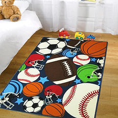 HUAHOO Blue Kids Rug Fun Sport Rugs Nylon Carpet Boys Girls Childrens Rug Balls Print with Soccer Ball, Basketball, Football, Tennis Ball Bedroom Playroom 80 x 120cm(31.5'' x 47'') gray 43383-36441