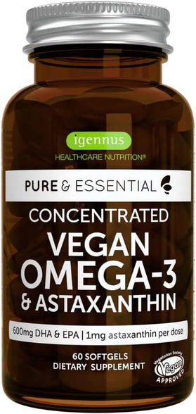 Pure & Essential Vegan Omega 3 & Astaxanthin, High Concentration EPA DHA Algae Oil, Sustainable & Pure, 600mg DHA & EPA for Heart, Brain & Eye Health, 60 Small Softgels