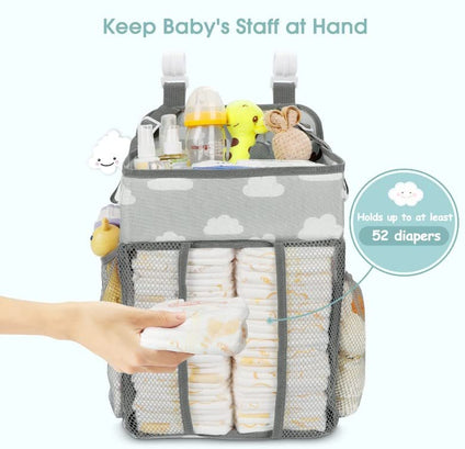 THE WHITE SHOP Hanging Diaper Caddy Organizer - Diaper Stacker for Changing Table, Crib, Playard or Wall & Nursery Organization Baby Shower Gifts for Newborn (Gray Cloud)