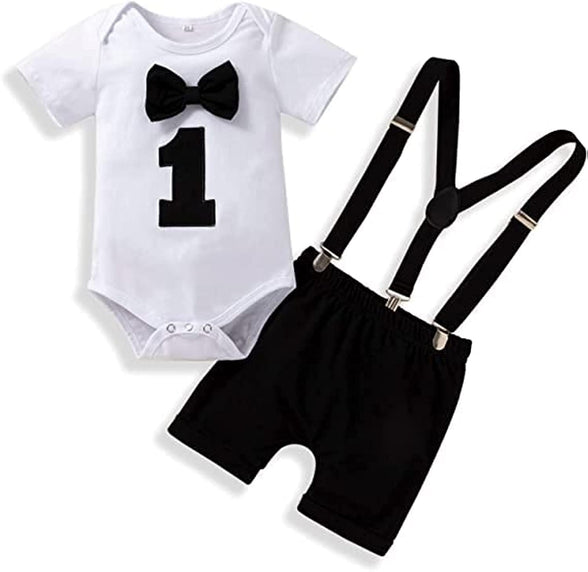 Baby Boys First Birthday Outfit, Baby Boy Cake Smash Outfit, Formal Suit Gentleman Romper Bow-tie Pants Outfits Set Costume, Suspender and Shorts Pants Outfit for Baby Boys 1st Birthday - Size 100