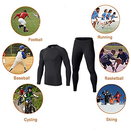 BUYKUD Kids' Boys Long Sleeve Base Layer Compression Underwear Athletic Shirt Tights Top & Bottom Set