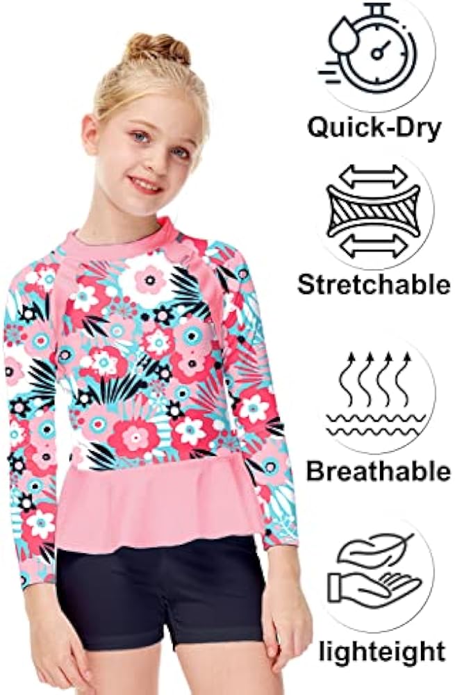 AOBUTE Girls Rash Guard Shirt Raglan Long Sleeve Ruffle Hem Swim Tops 3-12 Years