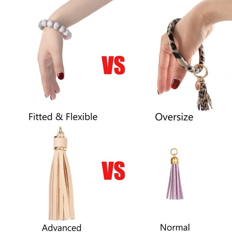 Goodern Wristlet Keychain Bracelet Keychain Wallet Leather Tassel Keychains Silicone Beaded Key Ring Bracelet with Card Holder Car Keychains Elastic Keychains Wristlet for Women and Men-Beige