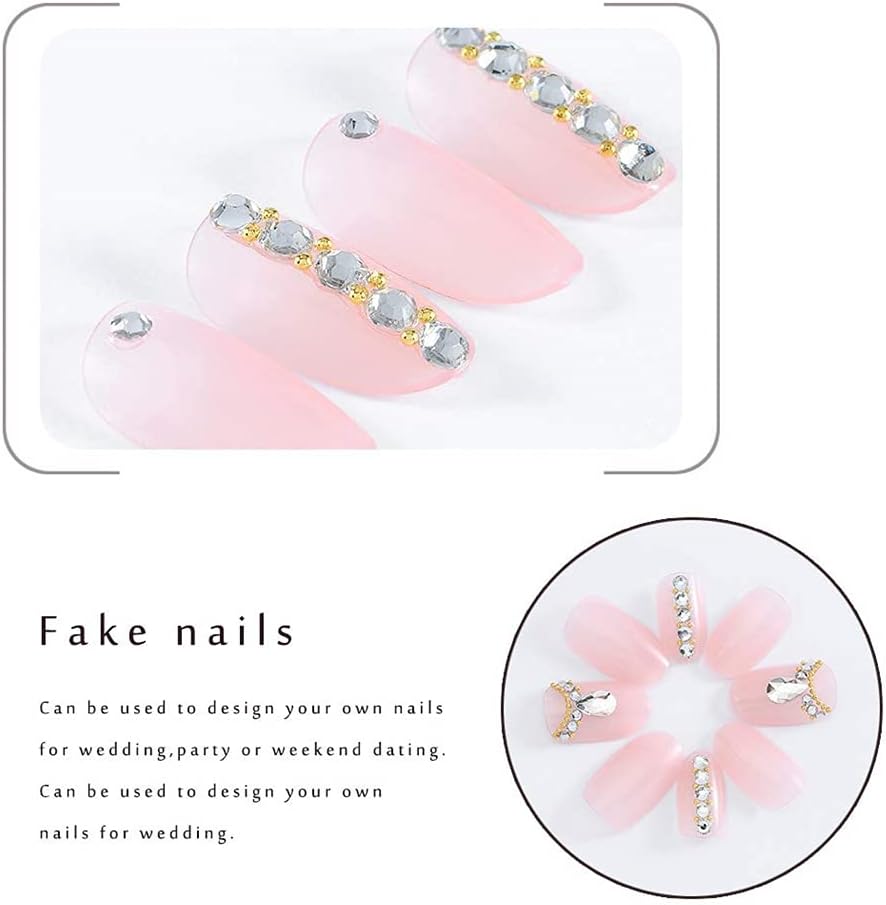 ELECDON Press on Nails Short with Rhinestone, 24 Pcs French Tip Fake Coffin Nails, Ballerina False Nails, Natural Manicure Press on Fake Nails, Acrylic Nails Glue on Nails for Women and Girls