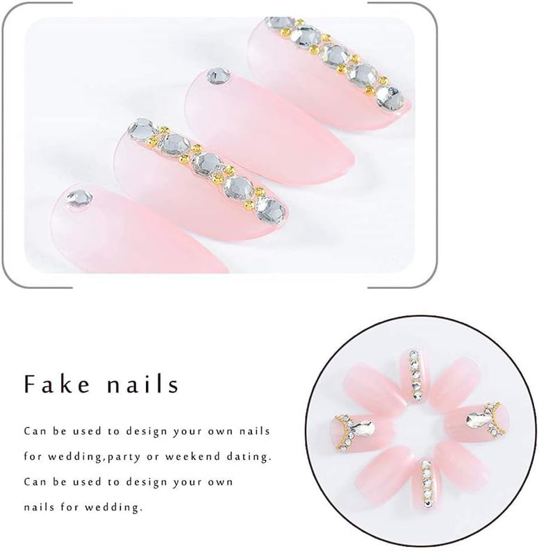 ELECDON Press on Nails Short with Rhinestone, 24 Pcs French Tip Fake Coffin Nails, Ballerina False Nails, Natural Manicure Press on Fake Nails, Acrylic Nails Glue on Nails for Women and Girls