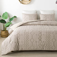Andency Khaki Tufted Comforter Set King(104x90Inch), 3 Pieces(1 Tufts Comforter, 2 Pillowcases) Boho Textured Farmhouse Comforter, Microfiber Down Alternative Geometric Comforter Bedding Set