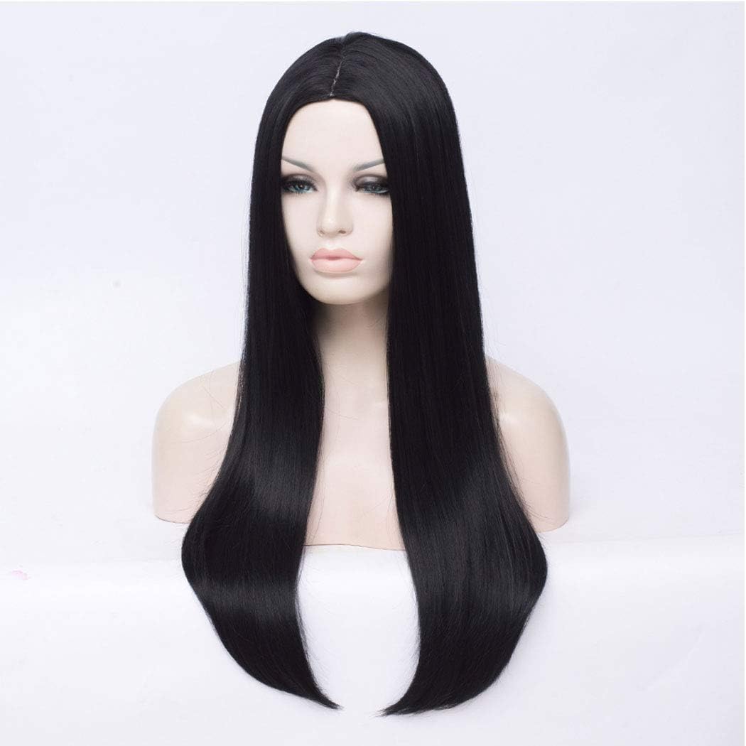 (Black) - Long Black Wig Qaccf 70cm Women's Long Straight Middle Part Synthetic Halloween Costume Full Wig (Black)