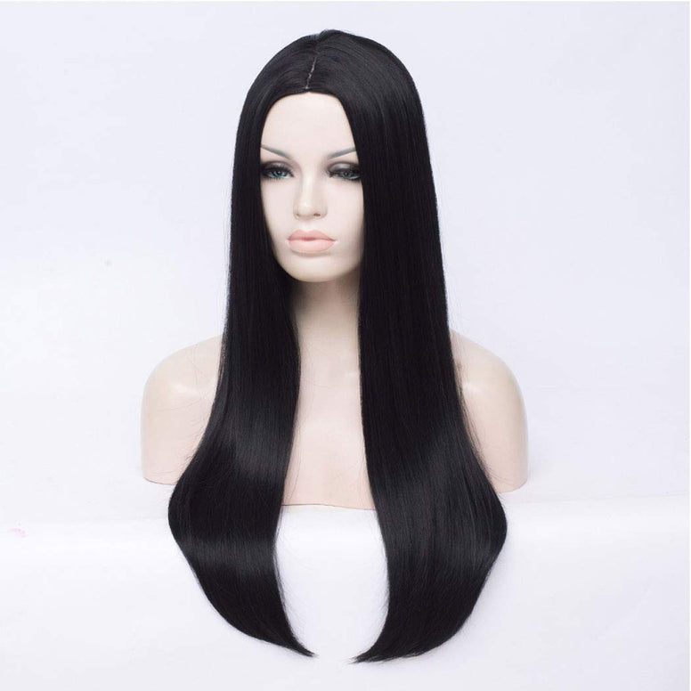 (Black) - Long Black Wig Qaccf 70cm Women's Long Straight Middle Part Synthetic Halloween Costume Full Wig (Black)