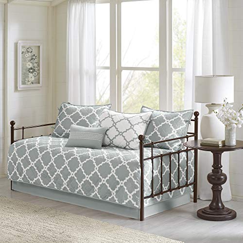 Madison Park Essentials Merritt Reversible Daybed Cover-Fretwork Print, Diamond Quilting All Season Cozy Bedding with Bedskirt, Matching Shams, Decorative Pillow, 75"x39", Grey 6 Piece