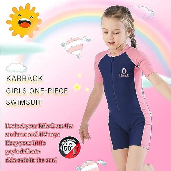 Karrack Girls and Boys One Piece Rash Guard Swimsuit Kid Water Sport Short Swimsuit UPF 50+ Sun Protection Bathing Suits