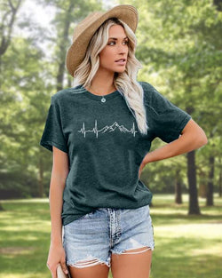 MYHALF Hiking Shirts Women Mountain Heartbeat T Shirt Camping Travel Graphic Casual Short Sleeve Tee Tops