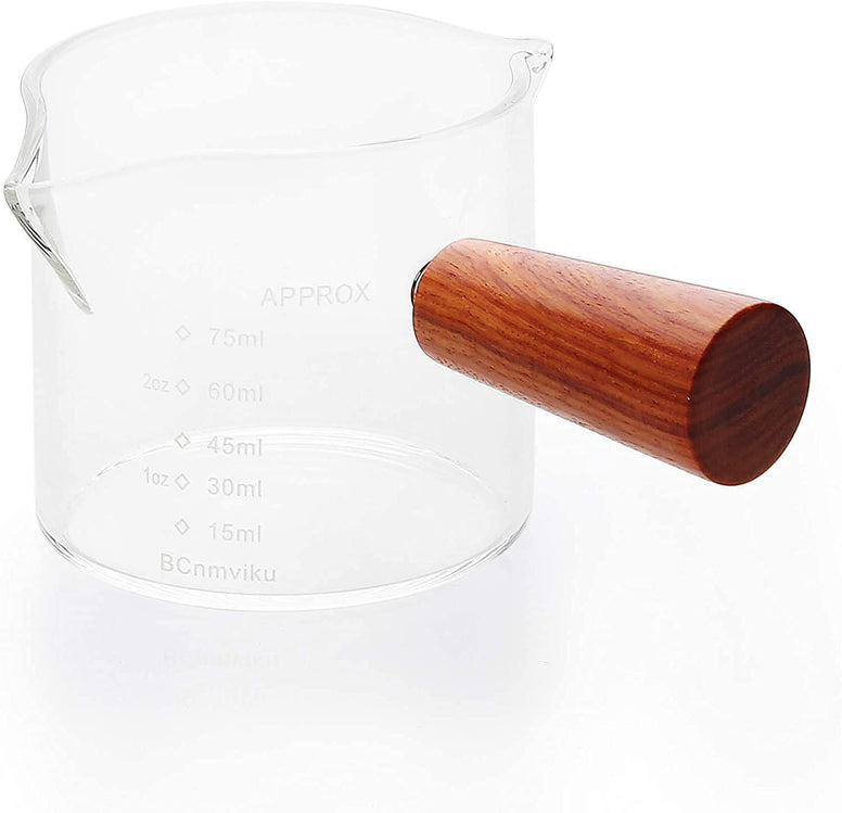 Espresso Measuring Cup, Double Spouts Measuring Triple Pitcher Milk Cup, with Wood Handle 75ML Espresso Shot Glasses Parts Clear Glass, Espresso Shot Glasses Triple Pitcher Barista (1 Pack)