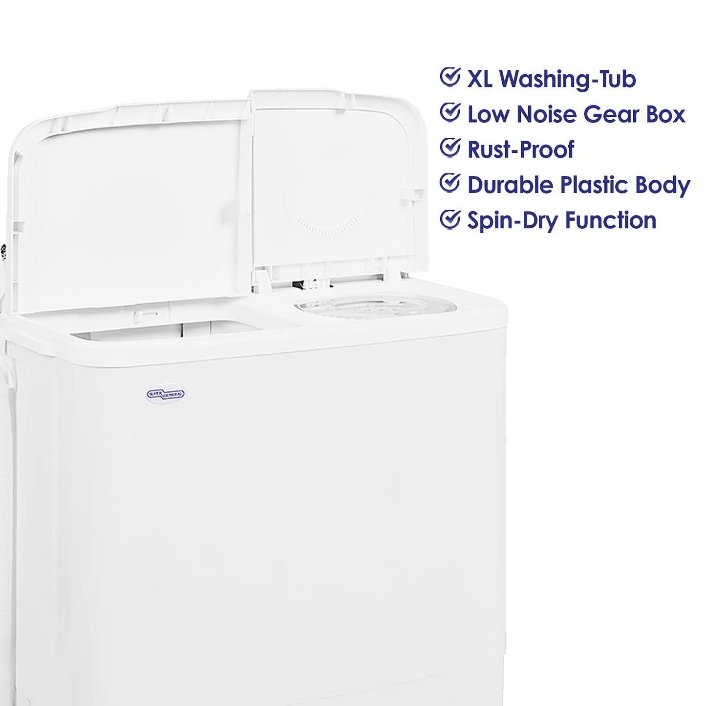 Super General 7 kg Twin-tub Semi-Automatic Washing Machine, White, efficient Top-Load Washer with Low noise gear box, Spin-Dry, SGW-77-N, 77 x 42 x 90 cm, 1 Year Warranty