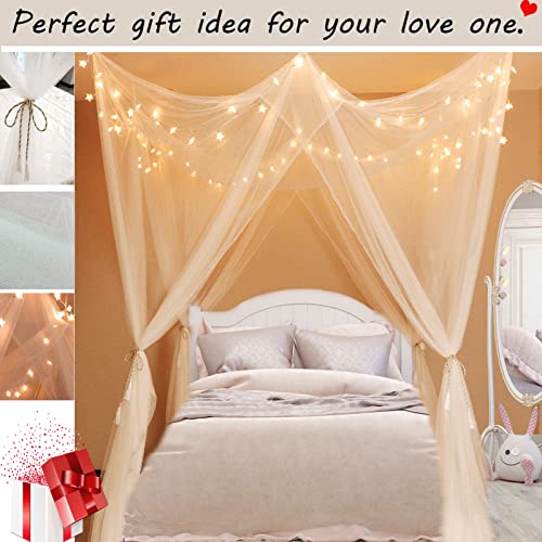 Obrecis White Bed Canopy with Lights for Girls Bedroom Decor, 8 Corner Princess Canopy Bed Curtains with Warm White LED Star String Lights Remote Control Canopy for Bed Twin Full Queen King Size Bed