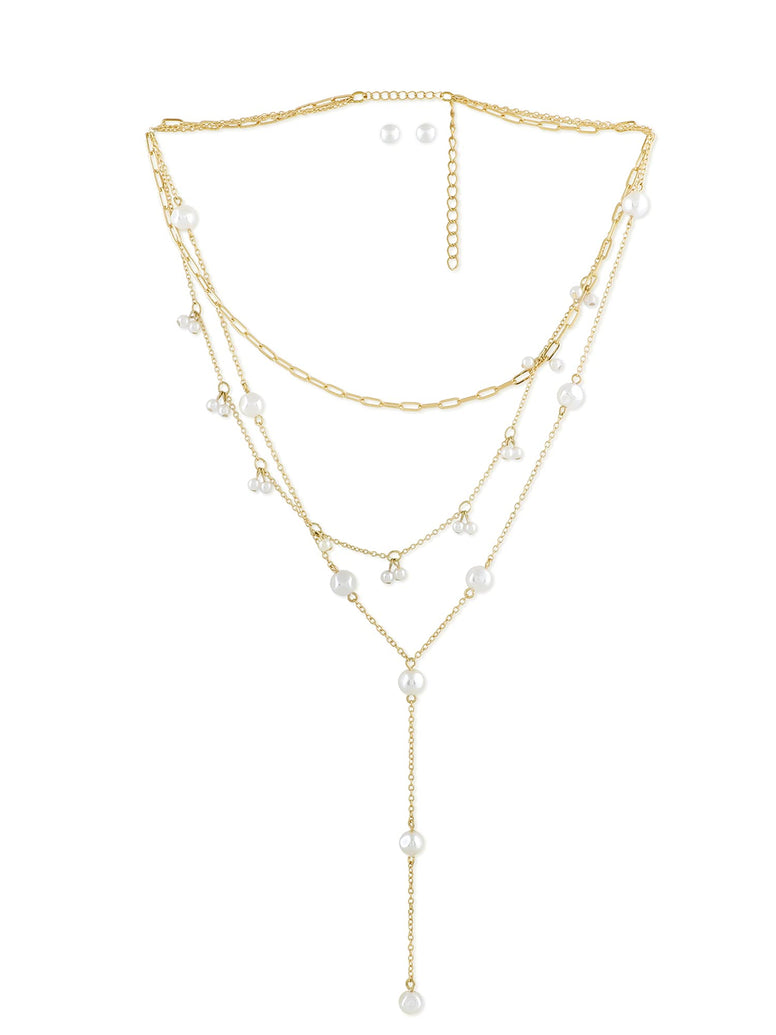 Zaveri Pearls Gold Tone Contemporary 3 Layers Lariat Necklace Chain With Earring-ZPFK10606