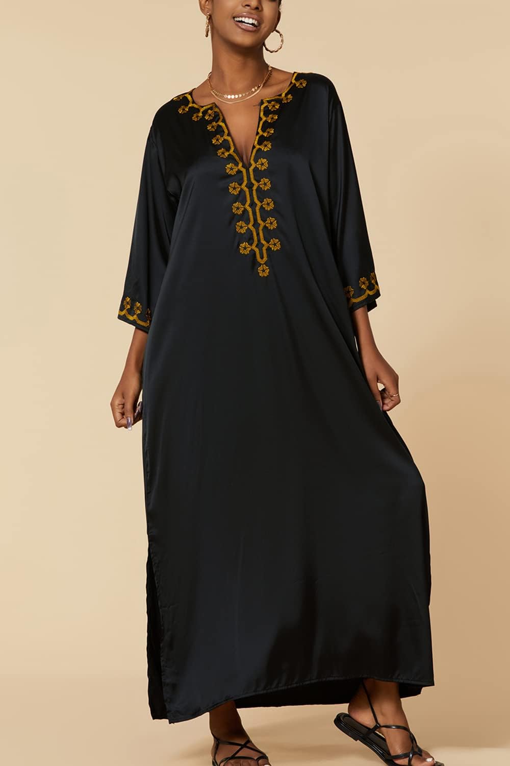 YouKD Embroidered Kaftan Dress Boho Beach Bikini Cover Up Robe Plus Size Loungewear for Women