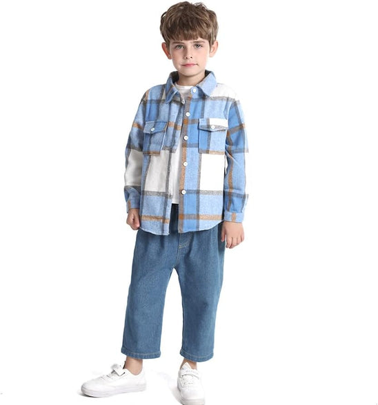 Feidoog Toddler Baby Boys and Girls Plaid Shirts Jacket Long Sleeve Lapel Button Down Shirt Top Outwear Clothes