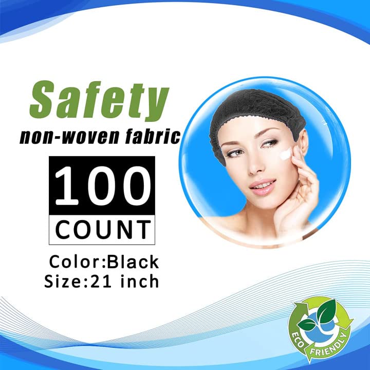 Disposable Bouffant Caps 100 Pcs ,21inches Hair Net， Elastic Dust Cap for Food Service, Sleeping Head Cover (Black)