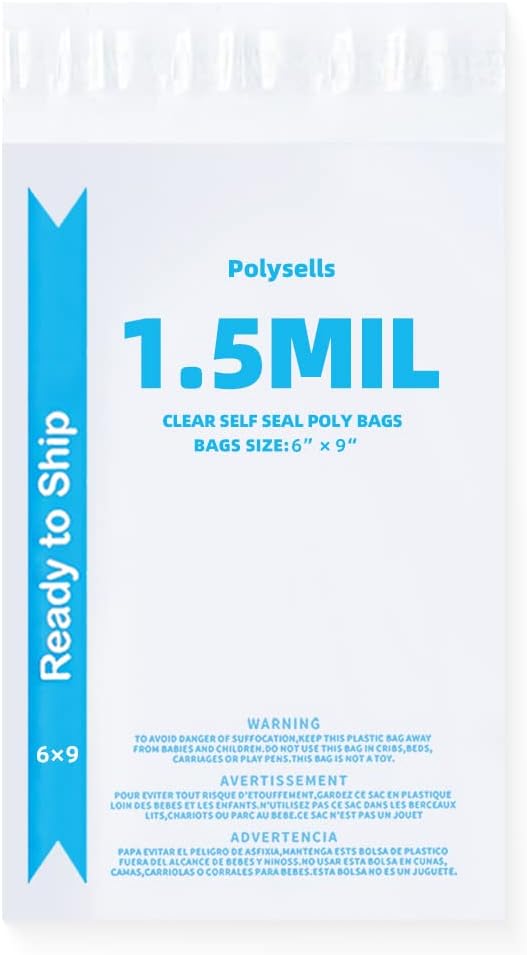 POLYSELLS Extra Strong Self Seal Clear Poly Bags with Suffocation Warning for Packaging, Shipping, T-Shirts, Clothes & FBA, permanent Adhesive, 6"x9", 100pcs