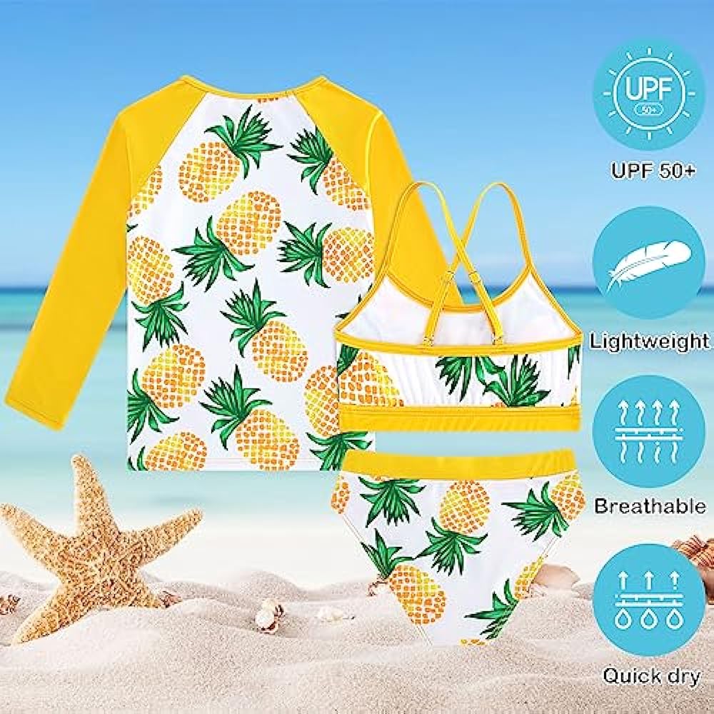 Vogseek Rash Guard Swimwear Girls 3-Piece Short Sleeve Swimsuit Kids Bathing Suit UPF 50+ Quick Dry Bikini Girls 7T-13T