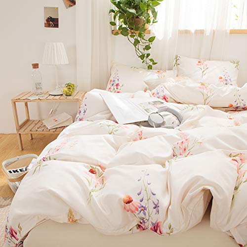 Merryword Botanical Floral Comforter Set Pink Flowers Comforter Set Pink Lavender Flowers Printed Soft Microfiber Pastoral Style Bedding Queen 1 Comforter 2 Pillowcases (Queen, Offwhite)