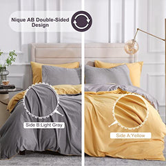 KAKABELL 100% Washed Cotton Linen Duvet Covers Set,Luxury Soft and Breathable Portable Openings 3 Piece Bedding Set,1200 Thread Count,with 8 Corner Ties 90x90 Inches(Light Yellow Grey,Full/Queen)