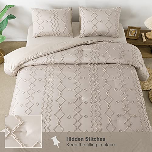 Andency Khaki Tufted Comforter Set King(104x90Inch), 3 Pieces(1 Tufts Comforter, 2 Pillowcases) Boho Textured Farmhouse Comforter, Microfiber Down Alternative Geometric Comforter Bedding Set