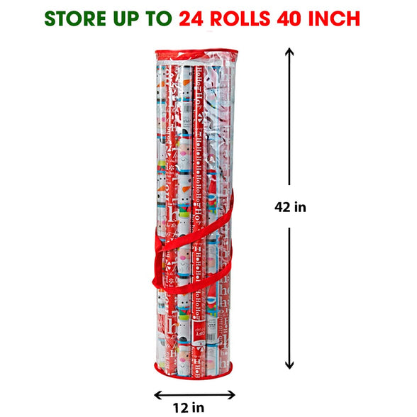 ProPik Christmas Gift Wrap Storage Bag, Clear Organizer Fits Up to 24 Rolls 40 Inch, Heavy Duty PVC Bag with Handles and Zippered Top for Wrapping Paper and Ribbons (Red trimming)