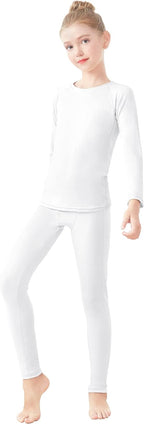 Daydance White Girls Long John Set Kids Compression Base Layers Unershirts and Leggings for Dance, Ballet, Basketball