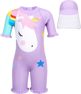 WonderBabe Unicorn/Flamingos Girls UV Swimsuit Kids Sun Protection Swimming Costume One Piece Round-Neck Swimwear Rash Guard Bathing Suit Surfing Sunsuit 1-8 Years