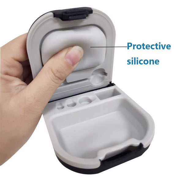 Hearing Aid Case with Battery Storage Slot Hard Small 0.59"*2.44"*1.57",Silicone Cushion, for ITE, BTE Hearing Aids Black GPFATTRY (White Interior)