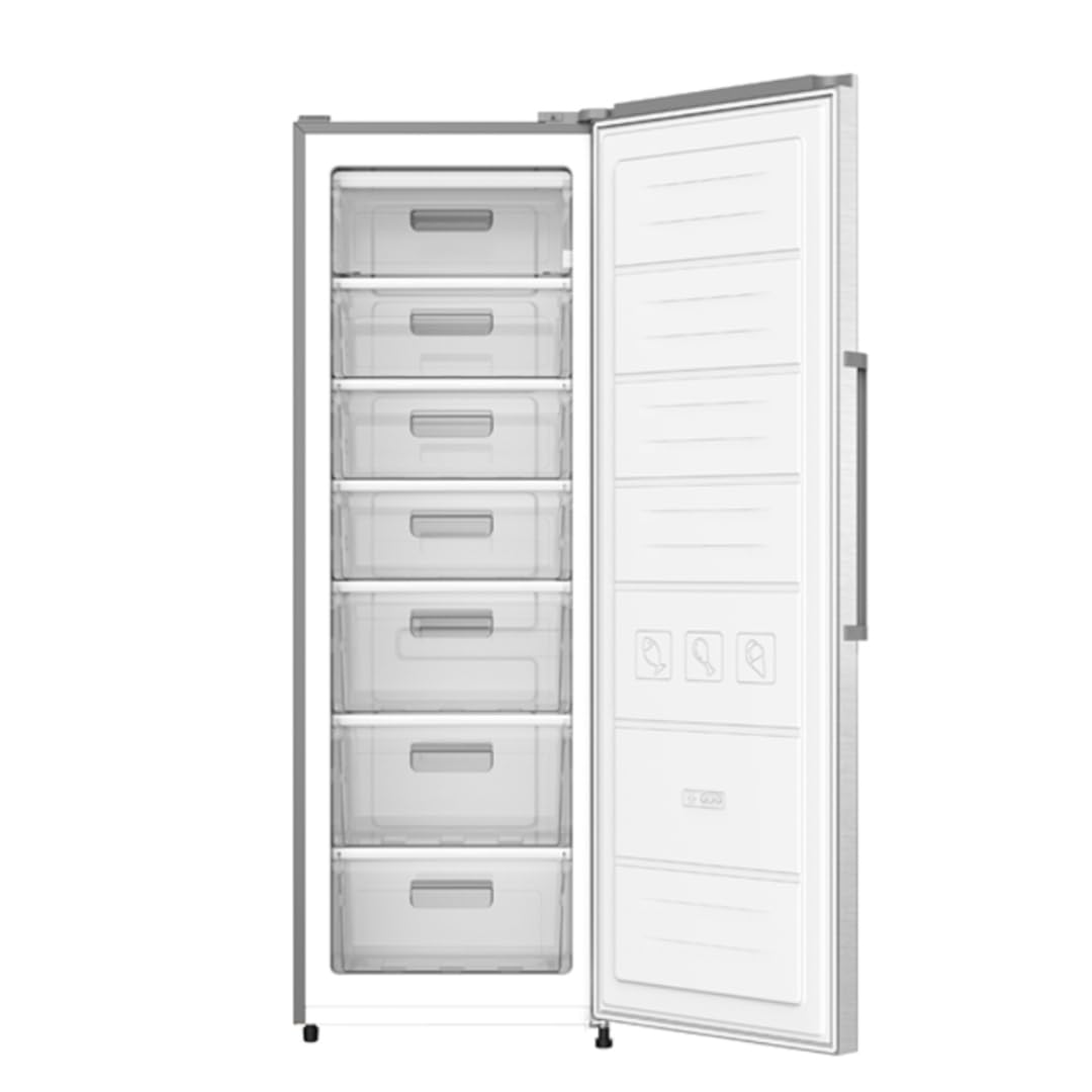 Nobel Single Door Upright Freezer 300 Litres Gross, 235 Litres Net Capcity, Defrost, 7 Drawers, 1 Ice Box, Lock & Key, R600a, 59.6 x 59.5 x 174.4 (W x D x H) cm, Silver, NUF350