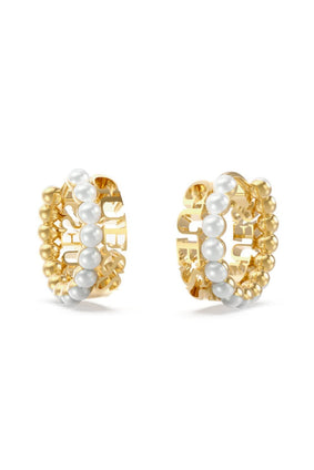 Guess Women's 15 mm Mini Hoops and White Beads Earrings, Yellow Gold