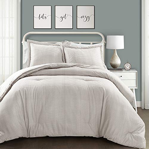 Lush Decor Farmhouse Stripe 3 Piece Reversible Comforter Bedding Set, Full/Queen, Gray