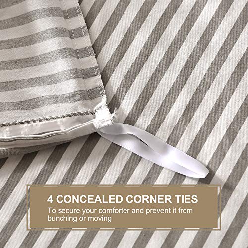 JELLYMONI 100% Natural Cotton 3pcs Striped Duvet Cover Sets,White Duvet Cover with Grey Stripes Pattern Printed Comforter Cover,with Zipper Closure & Corner Ties(Queen Size)